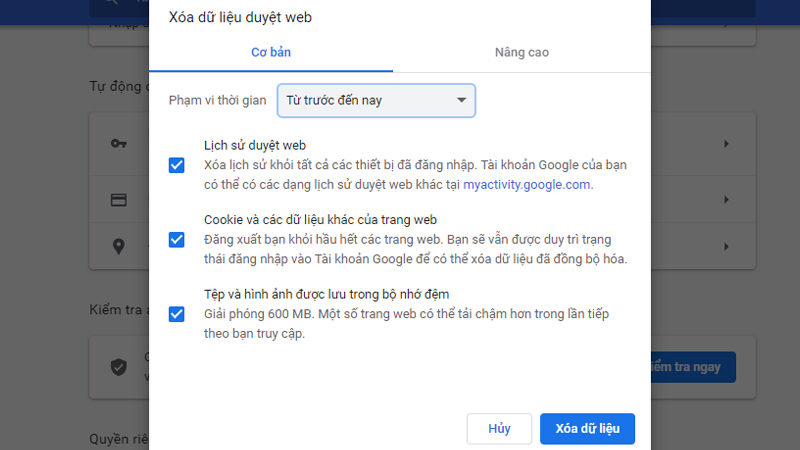 Giao diện thao tác cuối khi xóa dữ liệu trình duyệt Google Chrome